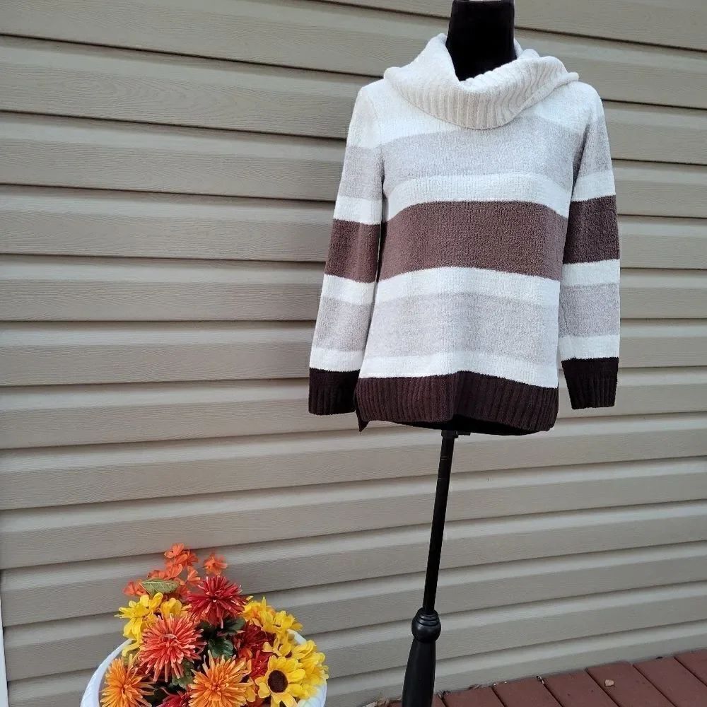 Style & Company Ladies Multi Color Browns Striped Cowl Neck Sweater, sz Small